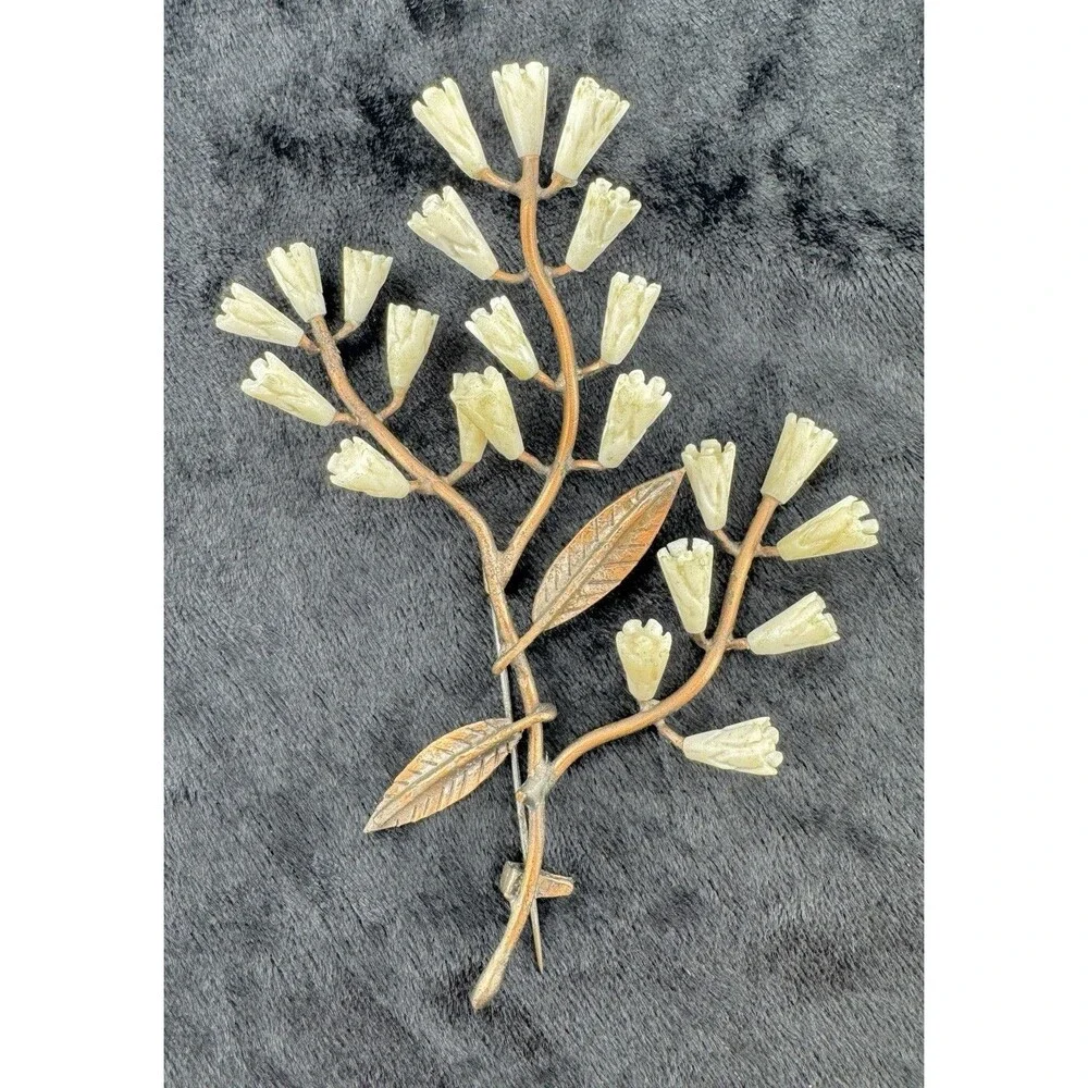 Antique Celluloid Brooch Copper Floral Branch Large Artisan 4.5”